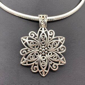 Fancy Filigree Flower Pendant, Antique Silver, Large